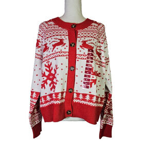 Christmas Ugly Women's Sweater Size XL Cardigan Deer Snowflakes Button-up